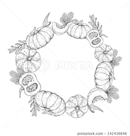 Vector pumpkin frame, template, wreath with copy space. Vegetable seeds, graphic logo, hand drawn isolated illustration. Halloween autumn perfect for harvest and thanksgiving themes. Isolated botanica Vector pumpkin frame, template, wreath with copy space. Vegetable seeds, graphic logo, hand drawn isolated illustration. Halloween autumn perfect for harvest and thanksgiving themes. Isolated botanica 142436646