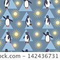 a seamless pattern with penguins in different poses and socks on their flippers 142436731