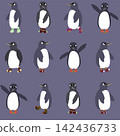a seamless pattern with penguins in different poses and socks on their flippers 142436733