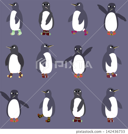 a seamless pattern with penguins in different poses and socks on their flippers 142436733