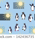 a seamless pattern with penguins in different poses and socks on their flippers 142436735