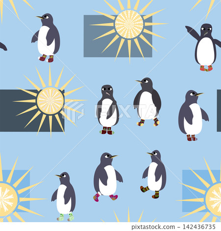 a seamless pattern with penguins in different poses and socks on their flippers 142436735