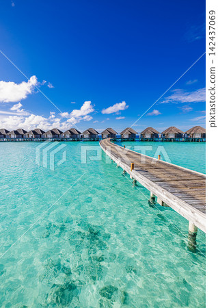 Breathtaking wooden jetty stretching overwater villas vivid azure Maldives lagoon bright blue sky luxury resort. Luxury travel honeymoon paradise scenic. Exotic getaway wallpaper backdrop Breathtaking wooden jetty stretching overwater villas vivid azure Maldives lagoon bright blue sky luxury resort. Luxury travel honeymoon paradise scenic. Exotic getaway wallpaper backdrop 142437069