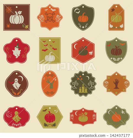 Set of vintage labels com decorative halloween icons, in different shapes Set of vintage labels com decorative halloween icons, in different shapes 142437177