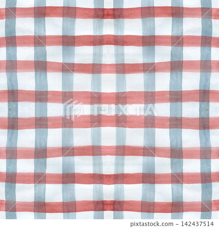 Watercolor seamless plaid pattern in red and blue stripes. Hand drawn checkered background for textile print, wrapping paper, farmhouse decor, winter holidays and cozy autumn design projects. Watercolor seamless plaid pattern in red and blue stripes. Hand drawn checkered background for textile print, wrapping paper, farmhouse decor, winter holidays and cozy autumn design projects. 142437514