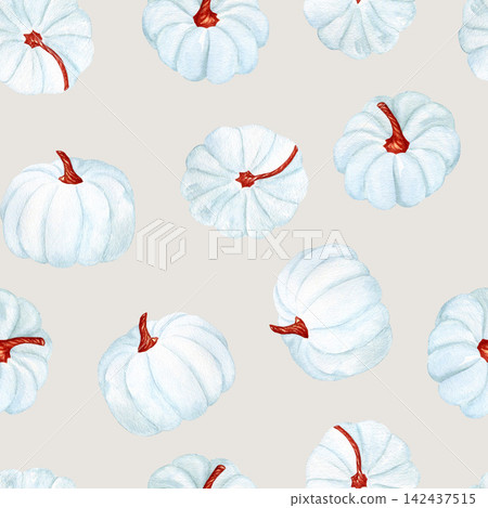 Watercolor seamless pattern with white pumpkins on a light background. Hand drawn autumn repeat print for Thanksgiving, harvest festival, wrapping paper, textile and cozy farmhouse decor design. Watercolor seamless pattern with white pumpkins on a light background. Hand drawn autumn repeat print for Thanksgiving, harvest festival, wrapping paper, textile and cozy farmhouse decor design. 142437515