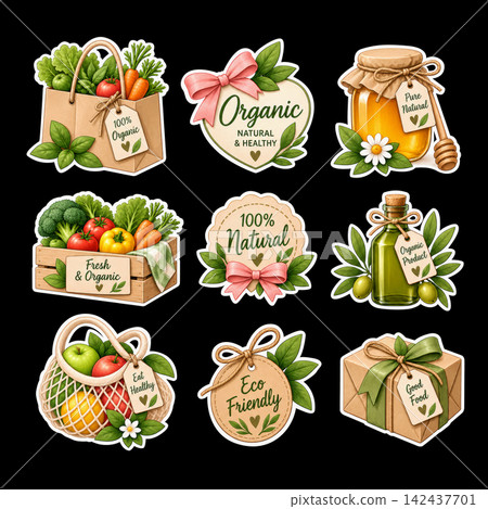 Isolated Organic Eco Friendly Product Stickers Set with Fresh Produce, Honey, Olive Oil, Gift Boxes, and Labels, for Sustainable Branding, Grocery Design, Organic Food Promotion, and Eco Marketing Isolated Organic Eco Friendly Product Stickers Set with Fresh Produce, Honey, Olive Oil, Gift Boxes, and Labels, for Sustainable Branding, Grocery Design, Organic Food Promotion, and Eco Marketing 142437701