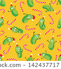 Christmas Pickle Seamless Pattern with Candy Canes and Cute Gherkin Characters on Yellow Background 142437717