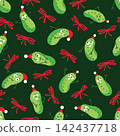Christmas Pickle Seamless Pattern with Cute Gherkin Characters in Santa Hats and Red Bows 142437718