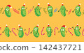 Christmas Pickle Seamless Border Pattern with Cute Gherkins, Candy Canes, and Streamers on Yellow Background 142437721