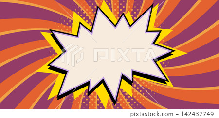 Starburst vector banner with bold retro comic effect. Comic star banner over orange and purple radial background with halftone dots. Perfect for posters and promo graphics. Starburst vector banner with bold retro comic effect. Comic star banner over orange and purple radial background with halftone dots. Perfect for posters and promo graphics. 142437749