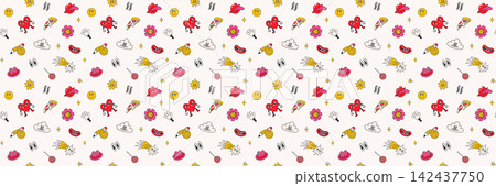 Funky groovy cartoon with hearts, flowers and candy Funky groovy cartoon with hearts, flowers and candy 142437750