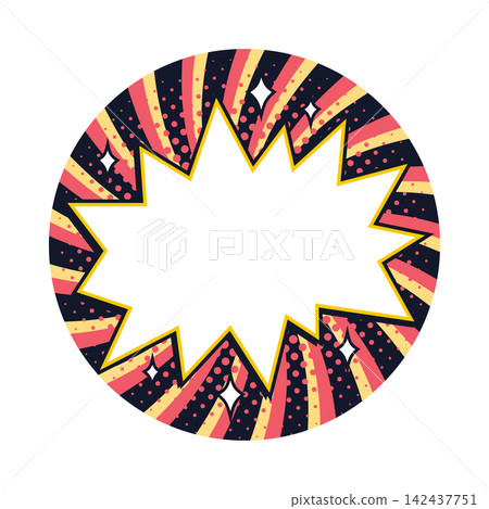 Circle comic sticker with starburst jagged text box and halftone dots on navy, pink and yellow radial rays. Comic sticker with spark accents. Ideal for promo labels, sale posters. Circle comic sticker with starburst jagged text box and halftone dots on navy, pink and yellow radial rays. Comic sticker with spark accents. Ideal for promo labels, sale posters. 142437751