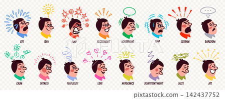 Face expression character set in crayon doodle comic style with colorful heads with different moods and emotions. Playful characters with clear emotional states on PNG style background. Face expression character set in crayon doodle comic style with colorful heads with different moods and emotions. Playful characters with clear emotional states on PNG style background. 142437752