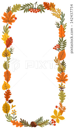 Autumn rectangle frame with rowan berries and oak leaf border surrounding aspen and chestnut foliage. Vector wreath leaves open copy space at center, fitting cards, posters and seasonal invitations Autumn rectangle frame with rowan berries and oak leaf border surrounding aspen and chestnut foliage. Vector wreath leaves open copy space at center, fitting cards, posters and seasonal invitations 142437754