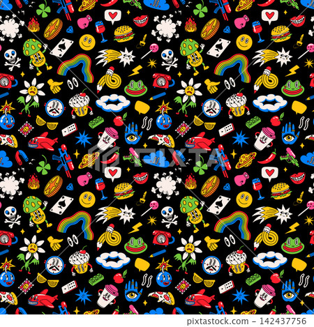 Pattern seamless sticker with comic food and pop art doodles Pattern seamless sticker with comic food and pop art doodles 142437756