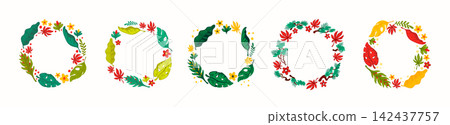 Asian floral wreath frame set with tropical leaves. Botanical borders suitable for cards, invitations and logos Asian floral wreath frame set with tropical leaves. Botanical borders suitable for cards, invitations and logos 142437757