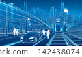 Futuristic smart city with high speed trains, modern car, pedestrians, elevated highway and urban infrastructure. Blue technology vector illustration of future transportation 142438074