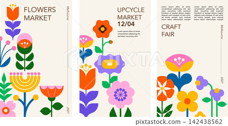 Geometric floral poster and banner. Modern folk style flat design with bright colorful flowers Geometric floral poster and banner. Modern folk style flat design with bright colorful flowers 142438562
