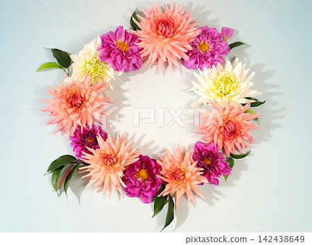 Sunny greeting card featuring beautiful dahlias, an abstract floral arrangement, autumn still life with seasonal flowers, background and banner for the screen. A minimalist holiday concept. 142438649