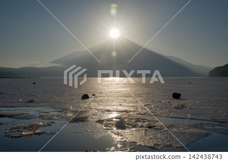 The sun and mountains reflected on the winter lake surface The sun and mountains reflected on the winter lake surface 142438743