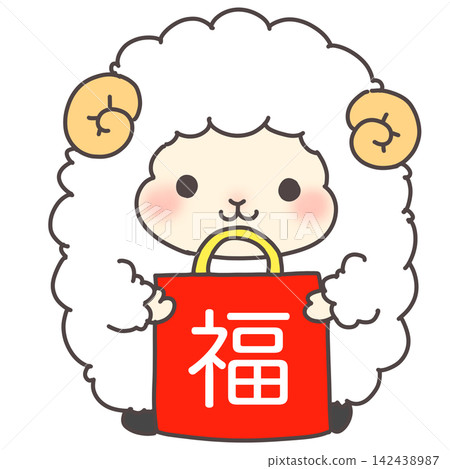 一隻白羊抱著一個福袋-羊年新年插畫 一隻白羊抱著一個福袋-羊年新年插畫 142438987
