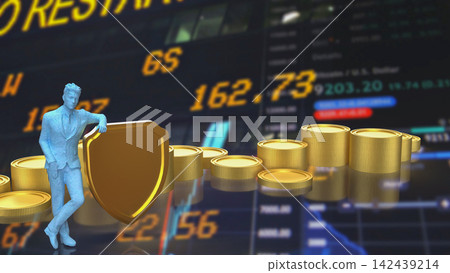Businessman Protecting Investments With Golden Shield 3d render. Businessman Protecting Investments With Golden Shield 3d render. 142439214