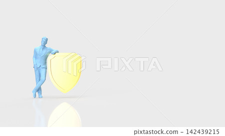 Confident Businessman Standing Beside Golden Shield 3d render. Confident Businessman Standing Beside Golden Shield 3d render. 142439215