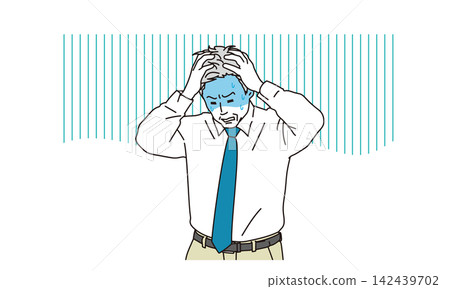 An illustration of a middle-aged businessman with a pale face and his head in his hands. An illustration of a middle-aged businessman with a pale face and his head in his hands. 142439702