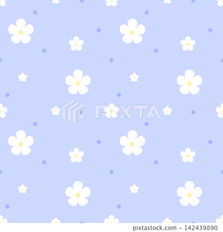 White Flower Seamless Pattern with Dots on Pastel Periwinkle Blue Background White Flower Seamless Pattern with Dots on Pastel Periwinkle Blue Background 142439890