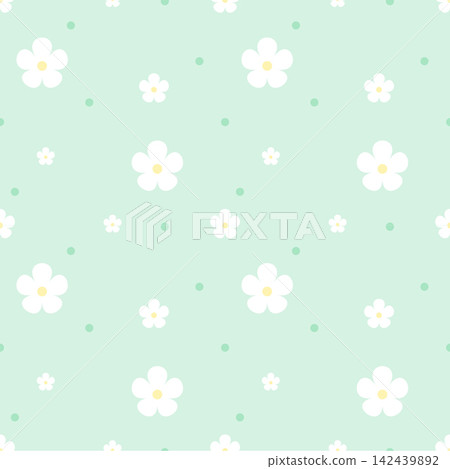White Flower Seamless Pattern with Dots on Soft Pastel Mint Green Background White Flower Seamless Pattern with Dots on Soft Pastel Mint Green Background 142439892