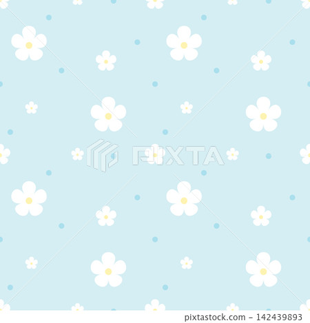 White Flower Seamless Pattern with Dots on Soft Pastel Aqua Blue Background 142439893