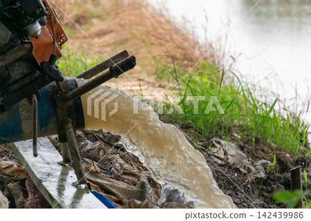Water pump discharging strong stream into rural canal beside green grass showing irrigation drainage agricultural water management Water pump discharging strong stream into rural canal beside green grass showing irrigation drainage agricultural water management 142439986
