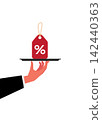 hand holding tray with discount label illustration for business promo 142440363