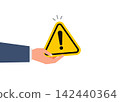 hand holding yellow triangle warning sign icon for risk notification 142440364