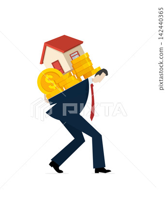 man carrying house and coins on back symbolizing property mortgage burden man carrying house and coins on back symbolizing property mortgage burden 142440365