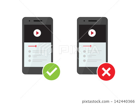 mobile phone video player display showing checkmark and cross symbols mobile phone video player display showing checkmark and cross symbols 142440366