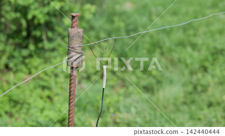 Electric Fence Wire on Rusty Metal Post in Field 142440444