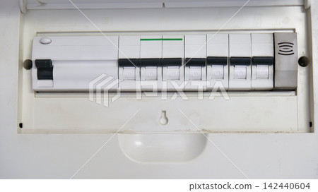 Electrical Circuit Breaker Panel Open in Apartment Electrical Circuit Breaker Panel Open in Apartment 142440604