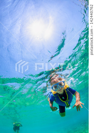 Young boy snorkeling with fishes in turquoise clear water above vibrant coral reef in Menjangan Park, Bali, Indonesia. Family adventure, travel activities on summer vacation in tropical island resort Young boy snorkeling with fishes in turquoise clear water above vibrant coral reef in Menjangan Park, Bali, Indonesia. Family adventure, travel activities on summer vacation in tropical island resort 142440762