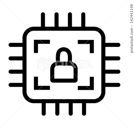 Vector illustration of a microchip or processor unit featuring a central padlock symbol inside a scanner frame, representing concepts of hardware security, cybersecurity, data encryption, digital priv Vector illustration of a microchip or processor unit featuring a central padlock symbol inside a scanner frame, representing concepts of hardware security, cybersecurity, data encryption, digital priv 142441199