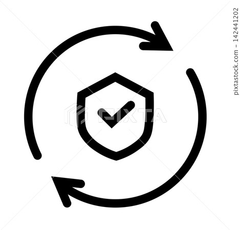Vector line icon illustrating a secure update process, auto renewal system, or continuous security loop, featuring a shield with a checkmark inside surrounded by circular rotating arrows. Vector line icon illustrating a secure update process, auto renewal system, or continuous security loop, featuring a shield with a checkmark inside surrounded by circular rotating arrows. 142441202