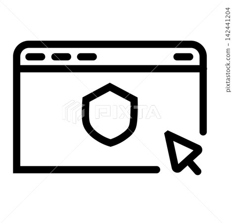 An internet browser window icon with a protection shield inside and a mouse cursor clicking on it, representing web security, safe browsing, data privacy, and online firewall protection 142441204