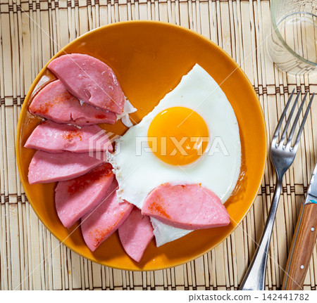 Fried eggs with sausages on plate Fried eggs with sausages on plate 142441782