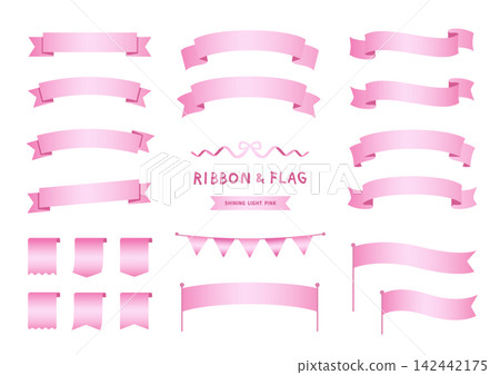 A set of glossy light pink ribbon and flag design elements (banner, garland, bookmark). A set of glossy light pink ribbon and flag design elements (banner, garland, bookmark). 142442175