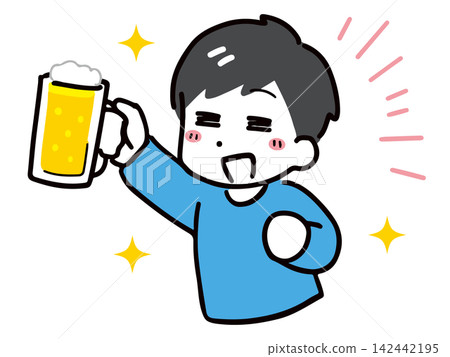 一位身著休閒裝的年輕男子,面帶微笑,手持啤酒杯,擺出碰杯的姿勢。 一位身著休閒裝的年輕男子,面帶微笑,手持啤酒杯,擺出碰杯的姿勢。 142442195