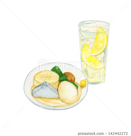 A watercolor illustration of an assortment of oden and lemon sour. A watercolor illustration of an assortment of oden and lemon sour. 142442272