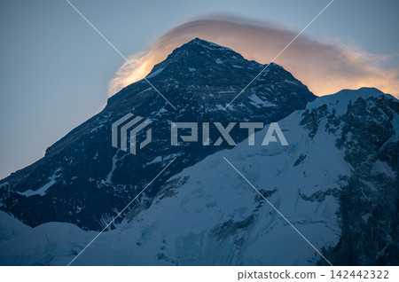 Scenery view of Mt.Everest before sunrise seen from Kala patthar in Nepal. Mount Everest is Earth's highest mountain above sea level (8,848 m). Scenery view of Mt.Everest before sunrise seen from Kala patthar in Nepal. Mount Everest is Earth's highest mountain above sea level (8,848 m). 142442322