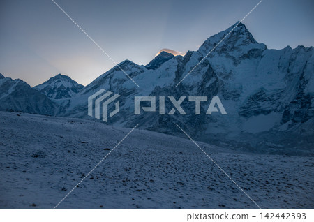 Scenery view of Mt.Everest and other peaks before sunrise seen from Kala patthar in Nepal. It offers the most accessible, close-up, and clear panoramic view of Mount Everest's summit. Scenery view of Mt.Everest and other peaks before sunrise seen from Kala patthar in Nepal. It offers the most accessible, close-up, and clear panoramic view of Mount Everest's summit. 142442393