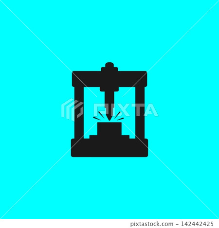 A black silhouette of an industrial punch press machine with a cutting tool on a cyan background. A black silhouette of an industrial punch press machine with a cutting tool on a cyan background. 142442425